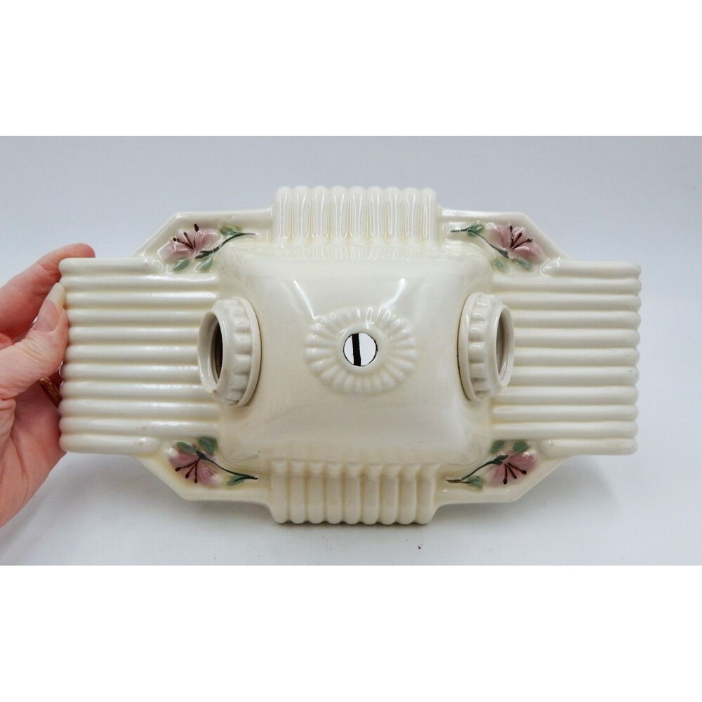 Art Deco Porcelier Porcelain 1930s Pink Floral Ceiling Flush Light Fixture 2 Bul